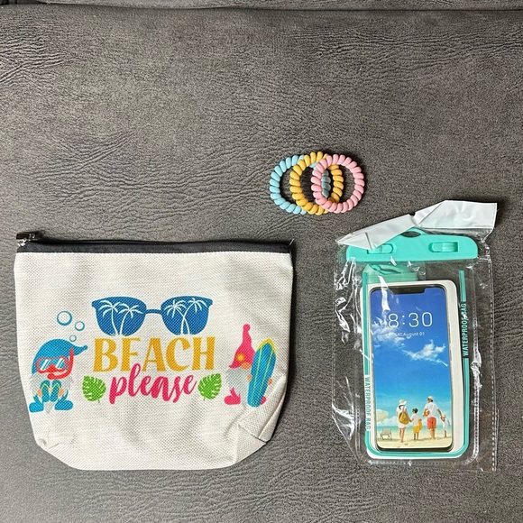 BEACH BAG, waterproof PHONE CASE & HAIR TIESGreat GIFT or 4 SUMMER/VACATION
